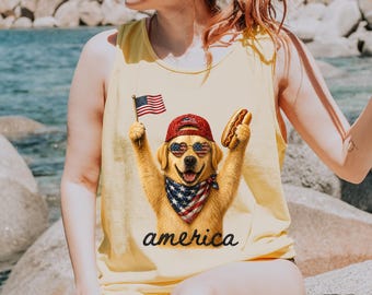Comfort Colors Tank Top Patriotic Golden Retriever Shirt, 4th of July Dog Tee, American Flag Hot Dog Shirt, Unisex Retro USA Animal T-Shirt