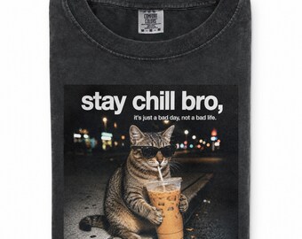 Comfort Colors Stay Chill Bro Cat Shirt, Funny Meme Cat Drinking Iced Coffee Shirt, Cool Animal Meme T-Shirt, Funny Raccoon Gift