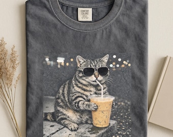 Funny Cat Iced Coffee Graphic Tee, Comfort Colors Shirt