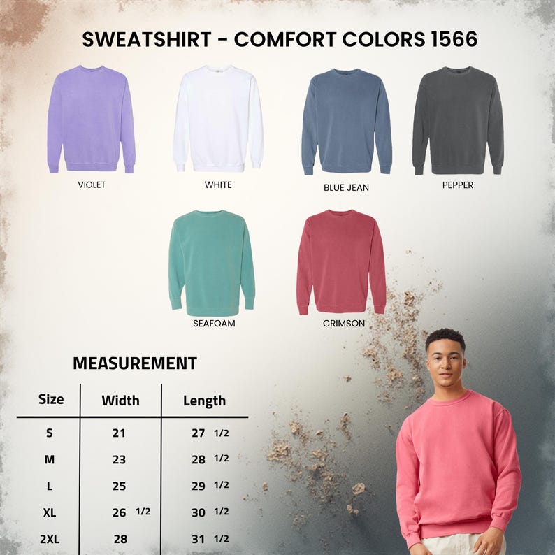 Puede incluir: Sudaderas Comfort Colors 1566 en violeta, blanco, azul jean, pimienta, espuma de mar y carmes&iacute;. Una tabla de tallas enumera anchos y largos en pulgadas para tallas de S a 2XL. Una persona viste una sudadera carmes&iacute; de cuello redondo.