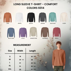 Puede incluir: Una carta de colores de camisetas de manga larga con once opciones: yam, blanco, negro, pimienta, espuma de mar, marfil, azul vaquero, violeta, arenisca, espresso y ladrillo. Una tabla de medidas muestra las tallas S a 2XL en cent&iacute;metros.