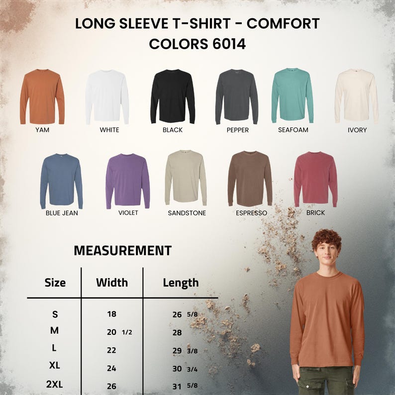 Puede incluir: Una carta de colores de camisetas de manga larga con once opciones: yam, blanco, negro, pimienta, espuma de mar, marfil, azul vaquero, violeta, arenisca, espresso y ladrillo. Una tabla de medidas muestra las tallas S a 2XL en cent&iacute;metros.