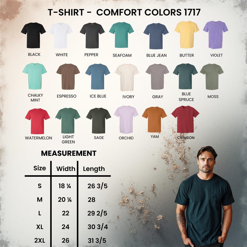 Puede incluir: Una carta de colores de camisetas Comfort Colors 1717 que muestra veintiuna opciones de colores s&oacute;lidos, incluyendo negro, blanco, pimienta, espuma de mar, azul jean, mantequilla, violeta, menta tiza, espresso, azul hielo, marfil, gris, abeto azul, musgo, sand&iacute;a, verde claro, salvia, orqu&iacute;dea, &ntilde;ame y carmes&iacute;, junto con una tabla de tallas con medidas de ancho y largo en cent&iacute;metros para las tallas S a 2XL.