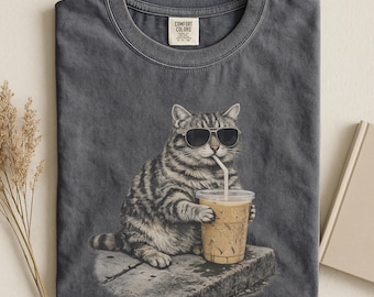 Comfort Colors® Funny Cat Iced Coffee, Animal Meme Graphic Tee