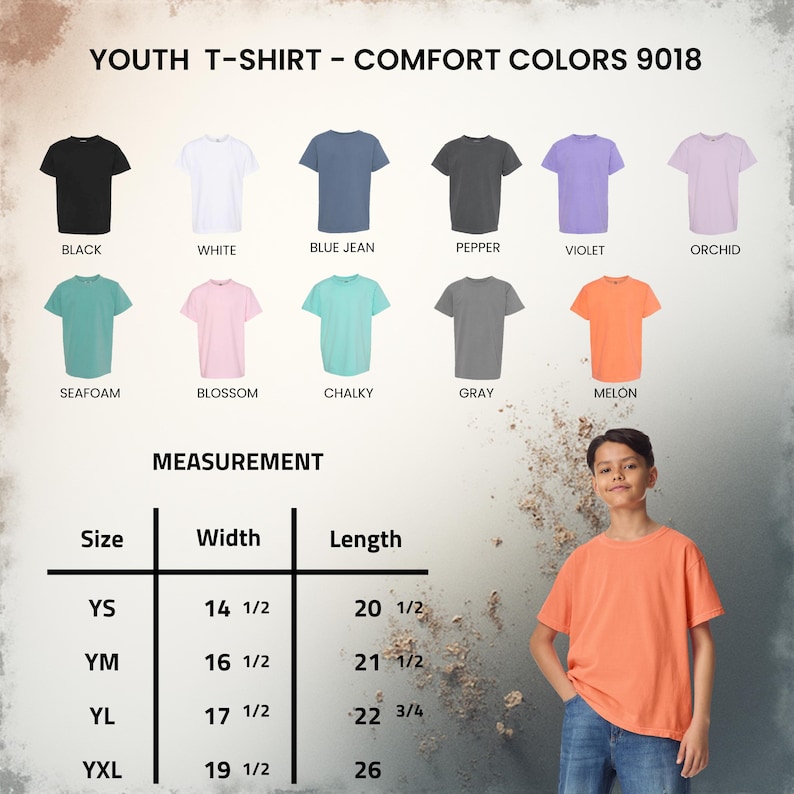 Puede incluir: Una carta de colores de camisetas juveniles Comfort Colors 9018 que muestra once colores s&oacute;lidos: negro, blanco, azul jean, pimienta, violeta, orqu&iacute;dea, espuma de mar, flor, tiza, gris y mel&oacute;n. Una tabla de medidas indica anchos y largos en pulgadas.