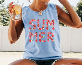 Strawberry Tank Top: Comfort Colors Cottagecore Summer Berries Tank Top