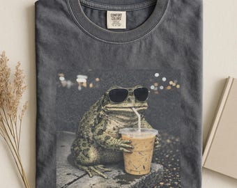 Funny Frog Iced Coffee Comfort Colors T-Shirt, Animal Meme Graphic Tee