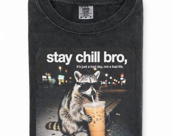 Stay Chill Bro Raccoon Shirt, Funny Meme Raccoon Drinking Iced Coffee Shirt, Cool Animal Meme T-Shirt, Funny Raccoon Gift