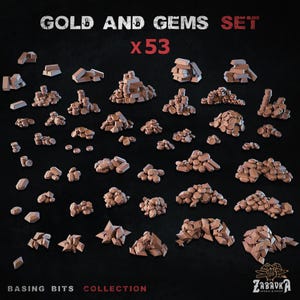 May include: A set of 53 miniature gold and gem pieces, including bars, coins, and irregular gems. The pieces are in shades of brown and beige, set against a dark backdrop. The text at the top reads "GOLD AND GEMS SET" and "x53".