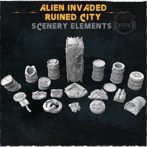 Könnte beinhalten: Eine Sammlung grauer, 3D-gedruckter Gelände-Elemente für ein Tabletop-Spiel. Die Teile umfassen zylindrische Strukturen, Trümmer und eine hohe, strukturierte Säule. Der Text "ALIEN INVADED RUINED CITY SCENERY ELEMENTS" ist oben zu sehen.