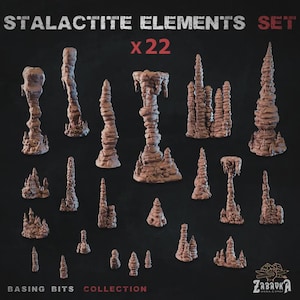 Pode incluir: Um conjunto de 22 elementos de estalactites castanhos para bases de miniaturas, com várias formações rochosas texturizadas e irregulares. O texto "STALACTITE ELEMENTS SET x 22" e "BASING BITS COLLECTION" está impresso em branco e vermelho.
