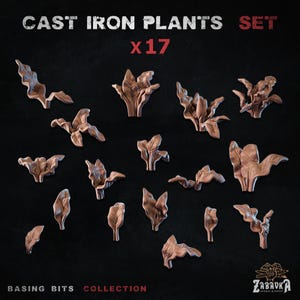 Peut inclure: Un ensemble de 17 sculptures de plantes en fonte de différentes formes de feuilles. Le texte "CAST IRON PLANTS SET x17" est en haut. Le bas de l'image indique "BASING BITS COLLECTION". Les plantes sont de couleur bronze.
