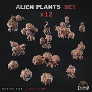 Peut inclure: Un ensemble de 12 figurines miniatures de plantes extraterrestres brunes pour le soclage. La collection comprend diverses formes organiques, bulbeuses et tentaculaires aux surfaces texturées. Le texte ALIEN PLANTS SET x12 est visible.