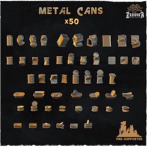 Op de afbeelding: Een verzameling van 50 metalen blikken in verschillende vormen en condities, van intacte cilinders tot verpletterde en geopende ontwerpen. De tekst "METAL CANS x50" staat bovenaan, met het merk "ZABAVKA WORKSHOP". De blikken zijn voorgeprepareerd.