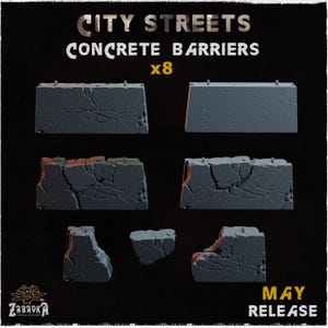 May include: Eight gray concrete barriers with a weathered texture are displayed against a black background. The text "CITY STREETS CONCRETE BARRIERS x8" is at the top. The bottom right corner has the text "MAY RELEASE".