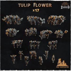 May include: A selection of 17 grey tulip flower models, pre-supported for 3D printing. The text "TULIP FLOWER x17" is displayed at the top. The Zabavka logo is in the upper right corner. The words "PRE-SUPPORTED" are at the bottom.