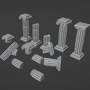 May include: A collection of gray, classical-style columns in various states of assembly and disrepair. Some columns are intact, while others are broken or fragmented, showcasing fluted shafts and decorative capitals. The columns are set against a dark gray background.