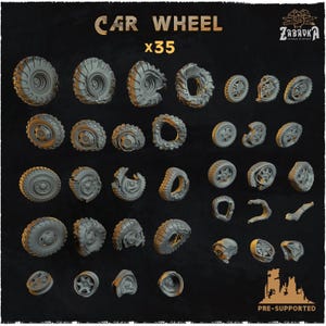 May include: A collection of 35 gray car wheels in various designs, including tires and rims. The image features a variety of wheel styles, some with detailed tread patterns and others with unique spoke designs. The text "CAR WHEEL x35" is at the top.