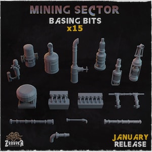 Peut inclure: Ensemble de bits de base miniatures en plastique gris sur le thème du secteur minier. L'image présente divers composants industriels tels que des tuyaux, des réservoirs et des machines. Le texte sur l'image indique "MINING SECTOR BASING BITS x15" et "JANUARY RELEASE".