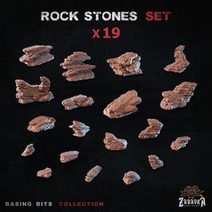 May include: A collection of 19 brown rock stones in different shapes, ideal for model scenery. The image includes the text "ROCK STONES SET x19" at the top and "BASING BITS COLLECTION" at the bottom, all against a dark background.