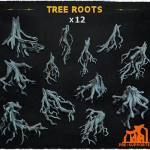 Peut inclure: Ensemble de douze modèles de racines d'arbres grises avec des accents rouges, disposés sur un fond sombre. Le texte "TREE ROOTS x12" est affiché en haut. Les modèles sont pré-supportés.