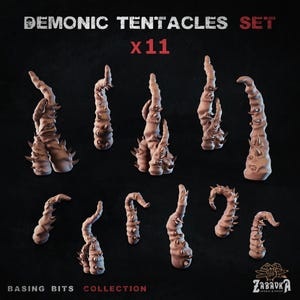 Peut inclure: Un ensemble de onze miniatures en forme de tentacules marron avec des protubérances épineuses. Le texte "DEMONIC TENTACLES SET x11" est en haut et "BASING BITS COLLECTION" en bas. Le logo Zabaka Workshop est en bas à droite.