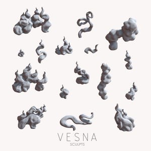 Peut inclure: Plusieurs sculptures abstraites grises de différentes formes, évoquant de la fumée ou des nuages. Les sculptures sont disposées sur un fond clair. Le texte "VESNA SCULPTS" est visible en bas.