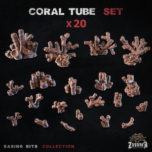 Op de afbeelding: Een set van twintig miniatuur koraalbuizen in verschillende vormen en maten. De koraalstukken zijn lichtbruin en geplaatst tegen een zwarte achtergrond. De tekst bovenaan luidt "CORAL TUBE SET x20". De tekst onderaan luidt "BASING BITS COLLECTION".