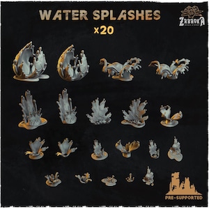 May include: A collection of 20 grey miniature water splash figures in various shapes and sizes. The text WATER SPLASHES x20 is displayed at the top, with the ZABAVKA logo and PRE-SUPPORTED text visible in the corners of the dark background.
