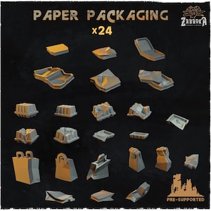May include: A collection of 24 miniature paper packaging models in various shapes, including boxes, trays, and bags. The models are in a neutral color and are pre-supported. The text "PAPER PACKAGING x24" is displayed at the top.