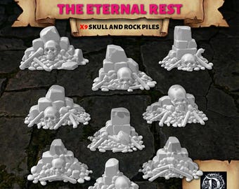 9x Dödskalle- och stenhögar Basbitar | Warhammer 40k Khorne Chaos Demonic | AoS Ossiarch Terrain | Bones Cairn-dekor för demoner | Miniatyrer