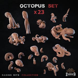 Peut inclure: Ensemble de 23 figurines d'octopuses marron dans diverses poses. Le texte "OCTOPUS SET x23" est en haut, et "BASING BITS COLLECTION" en bas. Le logo Zabaka Workshop est dans le coin inférieur droit.