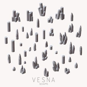 Könnte beinhalten: Eine Ansammlung grauer, geometrischer Skulpturen in verschiedenen Formen, darunter zylindrische und spitze Formen, auf weißem Hintergrund angeordnet. Der Text "VESNA SCULPTS" befindet sich unten. Die Skulpturen scheinen aus Stein oder einem ähnlichen Material zu bestehen.