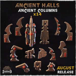 Puede incluir: Un conjunto de 14 columnas antiguas y elementos arquitectónicos en tonos marrón y gris, con detalles en rojo. El texto "ANCIENT HALLS ANCIENT COLUMNS x14" se muestra en la parte superior. En la esquina inferior derecha, "AUGUST RELEASE".