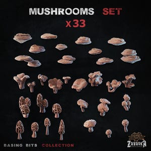 Może przedstawiać: Zestaw 33 miniaturowych modeli grzybów w różnych kształtach i rozmiarach, idealnych do projektów modelarskich. Tekst "MUSHROOMS SET X33" jest wyświetlany u góry. Tekst "BASING BITS COLLECTION" jest wyświetlany u dołu.