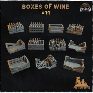 Peut inclure: Onze caisses en bois grises, chacune remplie de bouteilles de vin. Les caisses sont disposées en grille sur un fond sombre. Le texte "BOXES OF WINE x11" est en haut.