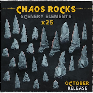 Pode incluir: Uma coleção de vinte e cinco formações rochosas cinzentas e irregulares, projetadas como elementos de cenário. Algumas rochas são adornadas com correntes. O texto "CHAOS ROCKS SCENERY ELEMENTS x25" é exibido no topo, com "OCTOBER RELEASE" na parte inferior.
