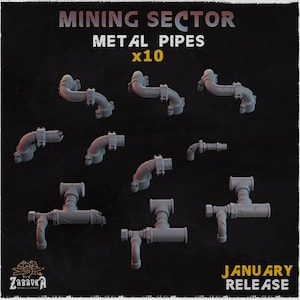 Op de afbeelding: Een verzameling van tien grijze metalen buizen, in verschillende vormen en maten, voor een mijnbouwproject. De afbeelding bevat de tekst "MINING SECTOR METAL PIPES x10" en "JANUARY RELEASE". Het logo van ZABAVKA WORKSHOP is ook zichtbaar.