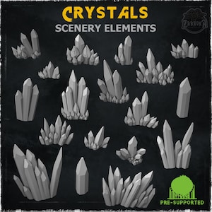 May include: A collection of gray crystal formations in various shapes and sizes, labeled "Crystals Scenery Elements." The image features multiple crystal clusters and individual crystal structures, perfect for tabletop gaming or decorative purposes.