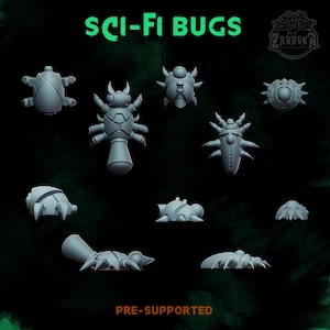 Könnte beinhalten: Eine Sammlung grauer Sci-Fi-Käfermodelle, jedes mit einzigartigen Designs und Formen. Das Bild enthält den Text "SCI-FI BUGS" oben und "PRE-SUPPORTED" unten, vor einem dunkelgrünen Hintergrund.