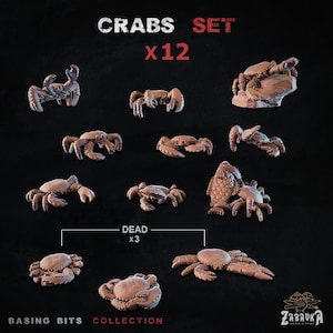 Puede incluir: Un conjunto de doce figuras de cangrejos en varias poses, con tres etiquetados como "DEAD". Los cangrejos son de color marrón claro y están dispuestos sobre un fondo oscuro. El texto en la parte superior dice "CRABS SET x12".