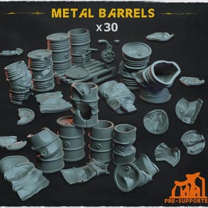 May include: A collection of 30 gray miniature metal barrels in various states of integrity, including intact, crushed, and broken pieces. Some barrels are stacked on a pallet with a pump, while others are scattered, featuring realistic dents.