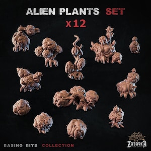 Puede incluir: Un conjunto de doce miniaturas de plantas alienígenas marrones. El texto "ALIEN PLANTS SET x12" está en la parte superior. La parte inferior de la imagen dice "BASING BITS COLLECTION". Las plantas tienen formas bulbosas y superficies texturizadas.