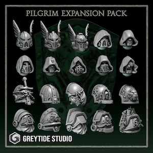 Op de afbeelding: Een verzameling miniatuurhelm-ontwerpen, waaronder helmen met vleugels, maskers met capuchon en sierlijke hoofddeksels. De afbeelding bevat de tekst "PILGRIM EXPANSION PACK" en het logo "GREYTIDE STUDIO", alles tegen een donkergroene achtergrond.