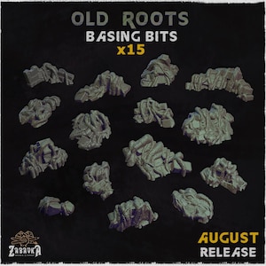 Pode incluir: Um conjunto de 15 peças de base em miniatura cinzentas rotuladas como OLD ROOTS BASING BITS x15. A coleção apresenta várias peças esculpidas que retratam raízes emaranhadas em torno de fragmentos de pedra e detritos para cenários.
