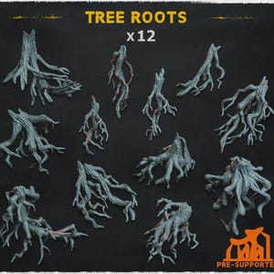 May include: A set of 12 gray, unpainted miniature tree roots with textured bark details. The image features the text TREE ROOTS x12 at the top and PRE-SUPPORTED with a logo at the bottom right, showcasing various organic, branching root structures.