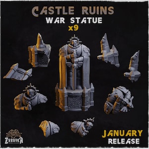May include: A set of nine grey resin miniature pieces titled CASTLE RUINS WAR STATUE x9. The collection includes a central standing armoured figure holding a sword, various broken architectural fragments, and partial statue components on a dark background.