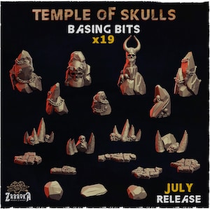 Puede incluir: Un conjunto de 19 piezas de "Temple of Skulls" que incluyen formaciones rocosas, calaveras y cadenas. La imagen presenta elementos de terreno de varios tamaños y formas, con el texto "July Release" en la parte inferior.