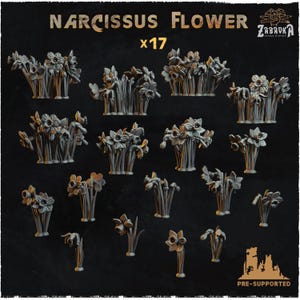 May include: A set of 17 grey Narcissus flower models, pre-supported for use. The text "NARCISSUS FLOWER x17" is visible. The flowers are in different arrangements, with detailed petals and stems, suitable for crafting.