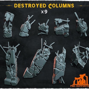 Pode incluir: Um conjunto de nove colunas em miniatura destruídas na cor cinza com texturas de concreto irregular e reforços de metal expostos. O texto DESTROYED COLUMNS x9 está no topo e PRE-SUPPORTED está no canto inferior direito.
